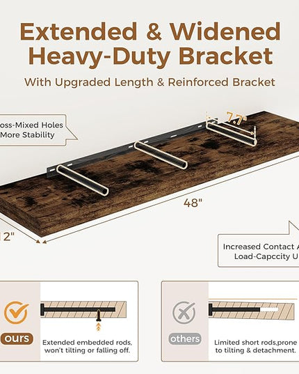 Floating Shelves 48 Inch Long, 12 Inch Deep Floating Shelves for Wall, 48 x 12 Large Wall Shelves for Home Storage & Display, 2" Thicked Floating Shelf for Bedroom, Living Room, Rustic Brown, 1 Pack