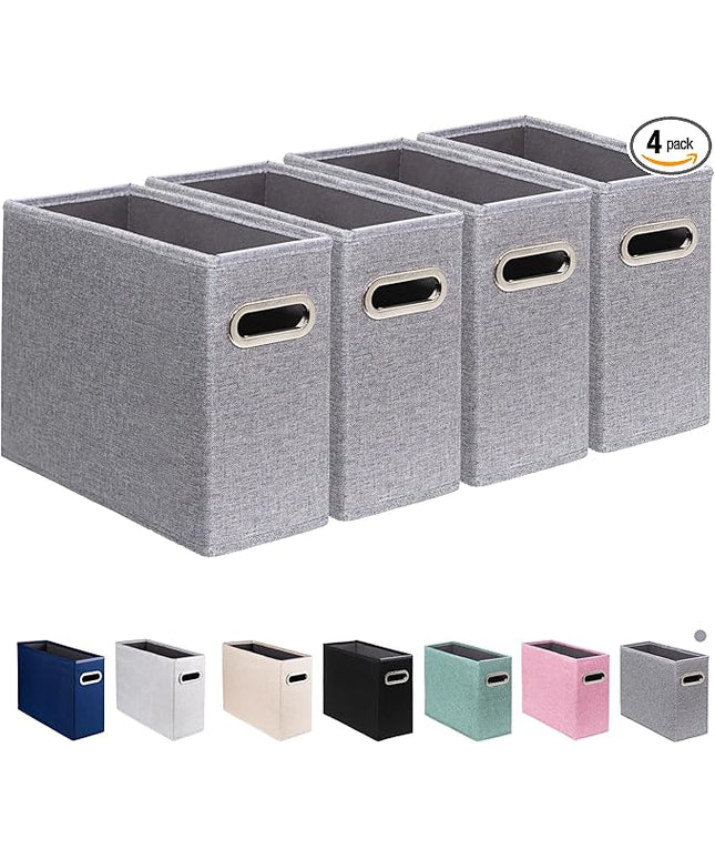 4 Pack Letter Size File Storage Box Collapsible, Fabric Hanging File Folders Organizer, Portable Office Document Holder with Metal Handle, Smooth PVC Rails, Gray
