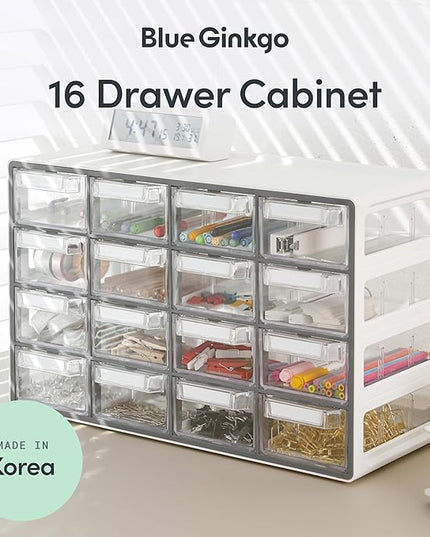 Blue Ginkgo Medium 16-Drawer Cabinet – Stackable Clear Organizer for Hardware, Beads, Plastic Bricks, Office, and Craft Storage (Made in Korea, Gray)