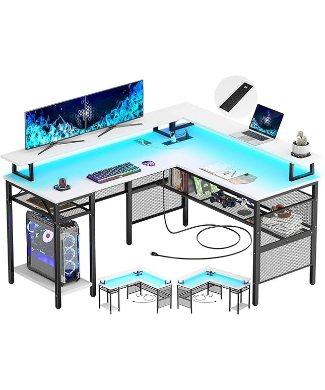 Unikito L Shaped Computer Desk with LED Strip and Power Outlets, Reversible Corner Desk with Monitor Stand and Storage Shelf, Modern Gaming Home Office Table with USB Ports, White