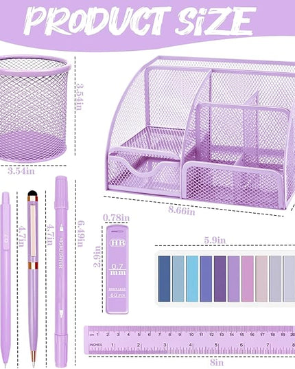 Purple Desk Accessories, 17Pcs Purple Office Supplies Set with Stapler, Mesh Desk Organizer, Tape Dispenser, Staple Remover, Pen Holder, Clips, Pens, Ruler, for Office Home School Women Students Gift