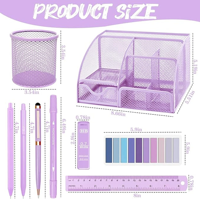 Purple Desk Accessories, 17Pcs Purple Office Supplies Set with Stapler, Mesh Desk Organizer, Tape Dispenser, Staple Remover, Pen Holder, Clips, Pens, Ruler, for Office Home School Women Students Gift