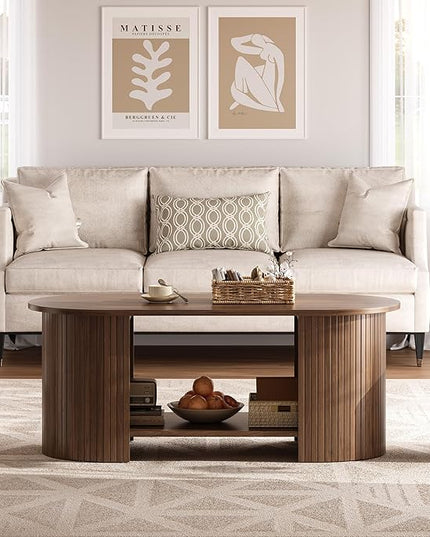 OneBlis Oval Fluted Coffee Table, 2-Tier Center Table with Large Storage, Mid-Century Modern Wood Coffees Table for Living Room, Home Office, Small Space, Walnut