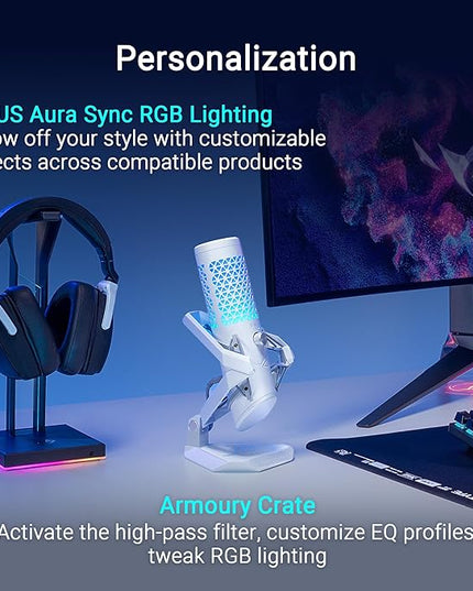 ASUS ROG Carnyx USB Gaming Microphone (25mm Condenser Capsule, 192kHz/24-bit, Cardioid, high-Pass Filter, Built-in pop Filter, Metal Shock Mount, one-Touch Mute, Aura Sync RGB)- Moonlight White