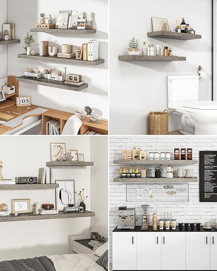 RICHFOCUS 24Inch Floating Shelves for Wall 2 Pack Shelves for Bedroom|Kitchen|Bathroom Wall Mounted Rustic Wood Floating Shelf with Invisible Brackets for Books|Storage|Decor, Grey