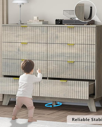BORNOON Fluted 8 Drawer Tall Dresser, 47.2" Wide Modern Boho Chest of Drawers, Wooden Storage Dresser TV Stand for Bedroom, Living Room, Closet, Hallway, Curved Profile Design