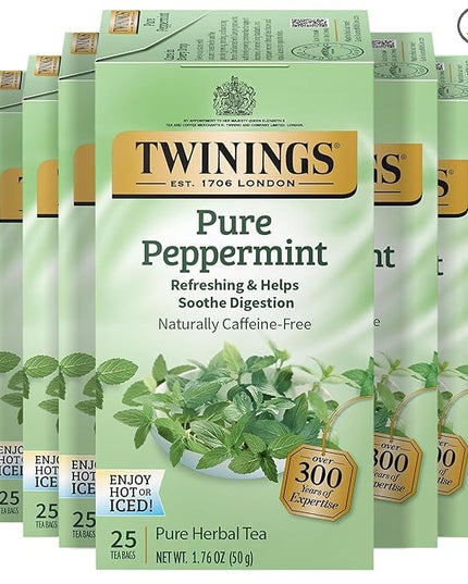 Twinings Pure Peppermint Herbal Tea Individually Wrapped Bags, 25 Count (Pack of 6), Fresh Minty Flavour, Naturally Caffeine-Free, Enjoy Hot or Iced, 150 Teabags