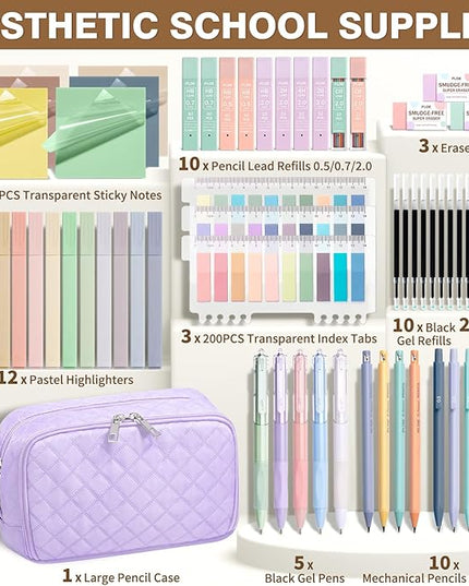 62PCS Aesthetic School Supplies with Cute Pencil Case, Pastel Highlighters Black Ink Gel Pens Mechanical Pencils Kit, Back to School Supplies College Essentials Preppy Stationary Set for Student Girls