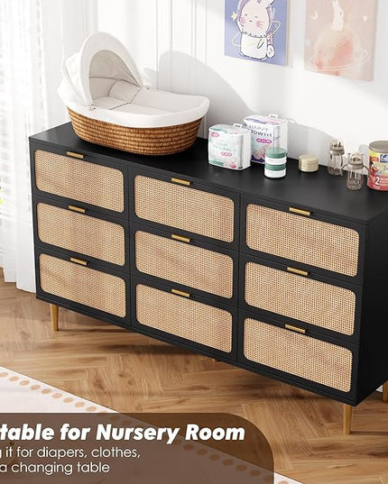 Garvee Rattan Dresser with 9 Drawers, Tall Modern Closet with Deep Storage, Large Chest of Drawers with Wide Top, Long Wooden Dresser for Bedroom, Living Room, Hallway, Kids Room, Black
