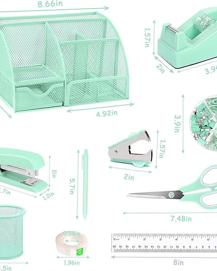 Green Office Desk Accessories Supplies, 12pcs Desk Organizers and Accessories with Tape dispenser and Stapler,Staples,Staple Remover,Pen Holder,Scissor,Ruler,Sticky Tabs,Tape,Ballpoint Pen,Clips Set