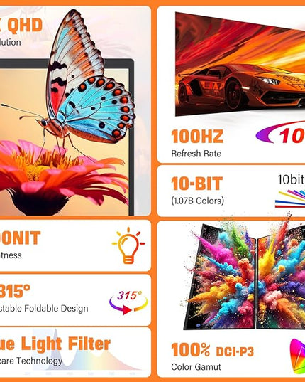 InnoView 18" 2K 100Hz Dual Portable Monitor 100% DCI-P3 Dual Monitor 315°Adjustable Screen Extender for Windows Mac Laptop with Speakers Type-C HDMI DP Foldable 2560x1600 Monitors (No Driver Needed)