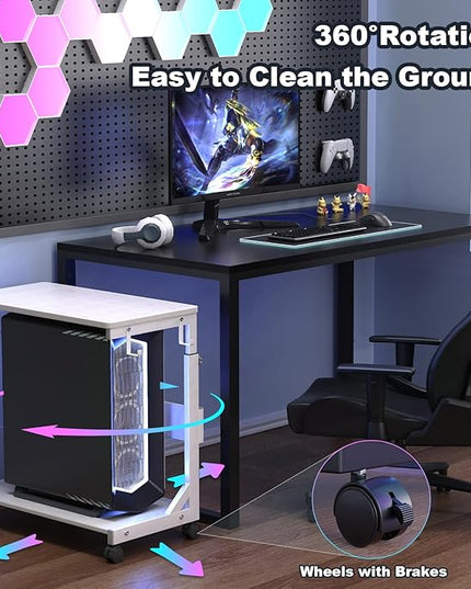 Height Adjustable Computer Tower Stand with Charge Station and USB Charging Port, 2-Tier ATX-Case Cart, Under Desk Mobile PC Stand, CPU Holder Cart with Locking Caster Wheels for Fits Most PC