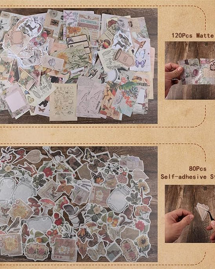 200Pcs Vintage Scrapbook Stickers, Aesthetic Junk Journal Stamping Supplies Kit, Scrapbooking Ephemera Washi Paper for Bullet Journaling Planners Diary Collage