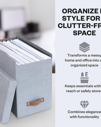 Bigso John File Box - File Storage Box and File Organizer for Important Paperwork - Durable Hanging File Box with Lid and Leather Handle - 7.36 in x 13.26 in x 10.51 in - Ash