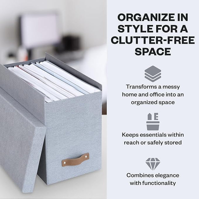 Bigso John File Box - File Storage Box and File Organizer for Important Paperwork - Durable Hanging File Box with Lid and Leather Handle - 7.36 in x 13.26 in x 10.51 in - Ash