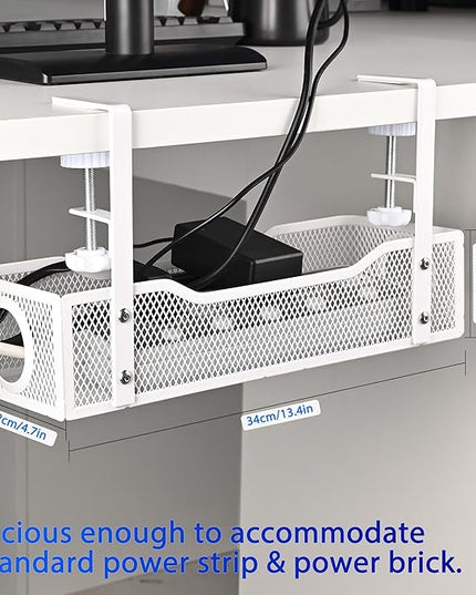 Under Desk Cable Management Tray Small – Clamp-Mounted Wire Organizer & Cord Management Under Desk Holder, No-Drill Metal Cable Tray for Home Office (White)