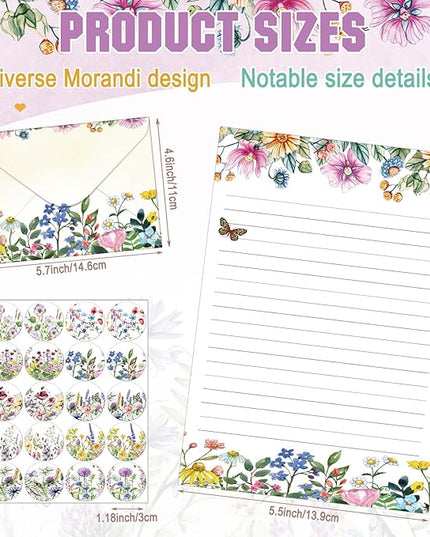 TaoBary 160 Pcs Stationery Paper Set 50 Double Sided Stationery Papers with 50 Matching Envelopes and 60 Round Dot Sticker, 10 Design(Wildflower,5.5 x 8.25 Inch)