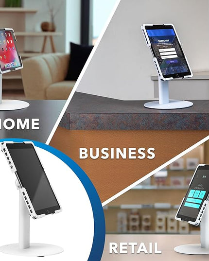 Mount-It! Universal Tablet Stand with Tilt, Anti-Theft Retail iPad POS Kiosk Stand, Fits Tablets from 9.7" to 13" Screen Size, 90° Rotation for Portrait and Horizontal Viewing, Durable Steel, White