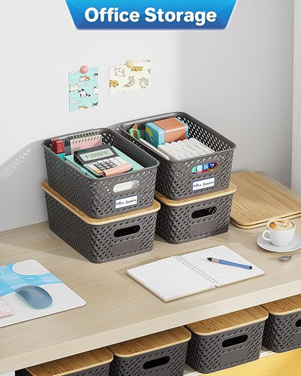 8 Packs Plastic Storage Bins with Bamboo Lids - Stackable Storage Bins Decorative Small Basket Containers for Organizing Shelves Office Classroom Desktop Closet, Grey