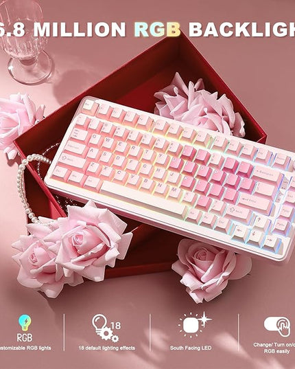 YUNZII B75 PRO Wireless Mechanical Keyboard,75% Layout with Knob,Hot Swap Gasket Custom Structure,Creamy Pre-lubed Switches,RGB Backlit,Bluetooth/Type-C/2.4G for Win/Mac(Cocoa Cream V2 Switch,Pink)