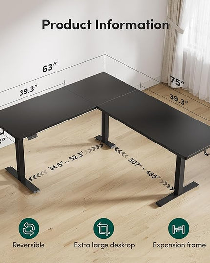 FEZIBO 75 * 63 L Shaped Standing Desk, Electric Height Adjustable L Shaped Desk, Suitable for Home Office, Black