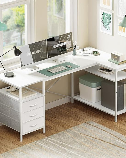 Huuger L Shaped Office Desk with Power Outlets, 55 Inch Computer Desk with 3 Drawers, Shelves, Reverisble for Gaming Corner Work Home Office Study, White