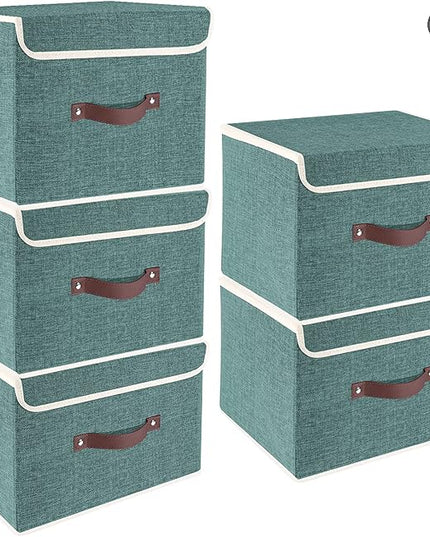 TYEERS Foldable Storage Boxes with Lids 5 Pack Fabric Storage Bins with Lids, Closet Organizers for Clothes Storage, Room Organization, Office Storage, Toys - Aqua Deep
