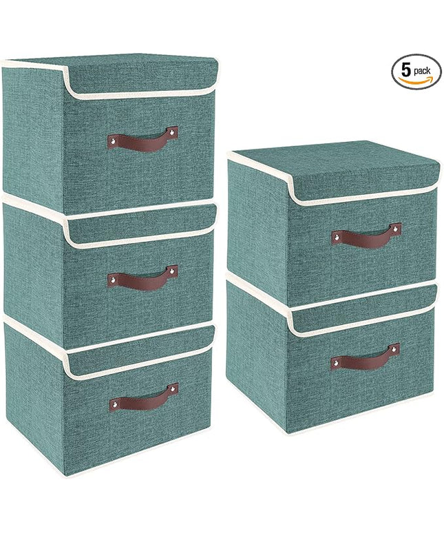 TYEERS Foldable Storage Boxes with Lids 5 Pack Fabric Storage Bins with Lids, Closet Organizers for Clothes Storage, Room Organization, Office Storage, Toys - Aqua Deep