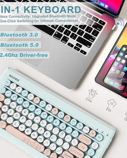 Wireless Bluetooth Keyboard for iPads Tablet Mac PC Laptop Desktop Smart Phone,Cute Typewriter Style Computer Keyboard with Round Raised Keys,Colorful Mini iPad Keyboard for Kids Girl Women-Cream Blue