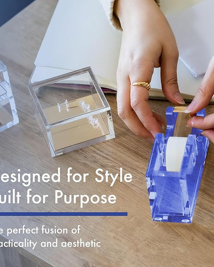 OfficeGoods Acrylic Tape Dispenser – Modern Desk Organizer for Office Supplies – Heavy Duty Refillable Tape Holder for Home and School Crafting – Stylish Desktop Accessory for Gift Wrapping, Blue