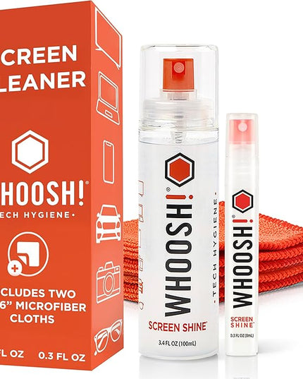 WHOOSH! Screen Shine Duo - Screen Cleaner Spray for iPad, Monitor, Laptop, MacBook - 3.4 oz & 0.3 oz Bottles with 2 Microfiber Cloths - Portable Electronic Cleaning Kit for Travel, Office, and Home