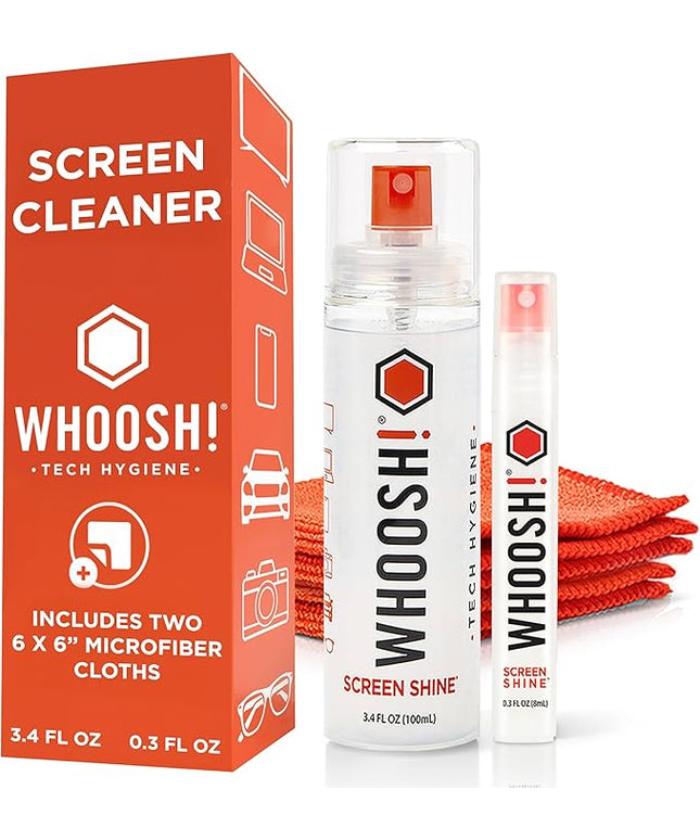 WHOOSH! Screen Shine Duo - Screen Cleaner Spray for iPad, Monitor, Laptop, MacBook - 3.4 oz & 0.3 oz Bottles with 2 Microfiber Cloths - Portable Electronic Cleaning Kit for Travel, Office, and Home