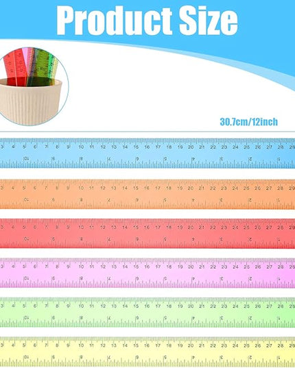 120 Pack 12 Inch Plastic Rulers Bulk for Back to School Supplies Flexible Transparent Assorted Color Ruler with Centimeters and Inches for Office Usage (6 Colors)