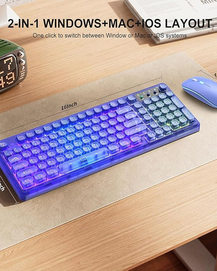 Blue Light Up Keyboard and Mouse Wireless,Cute 2.4Ghz Cordless Rechargeable Transparent Backlit Keyboard,15 Backlight Effects,Volume Knob,RGB Mouse with 3 DPI for Mac Computer PC Laptop Desktop iPad