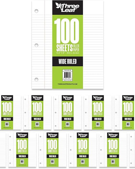 THREE LEAF 100 SHEETS WIDE RULED FILLER PAPER, PACK OF 12, LOOSE-LEAF SHEETS FOR SCHOOL AND OFFICE 100 CT. FILLER PAPER, NOTEBOOK PAPER