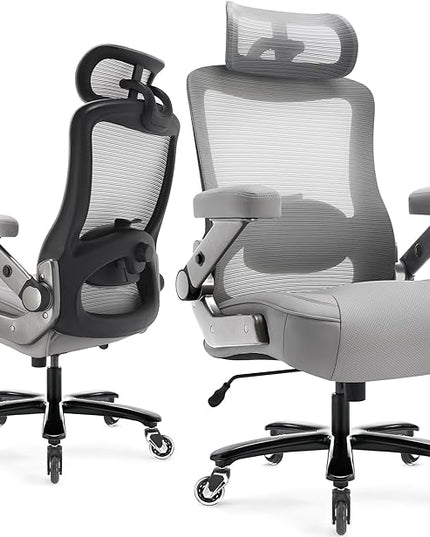 600lbs Big and Tall Office Chair- Heavy Duty Executive Computer Chair with 3D Flip Arms Large Wheels, Ergonomic Mesh High Back Desk Chair, Extra Wide Seat Adjustable Lumbar Support&Headrest