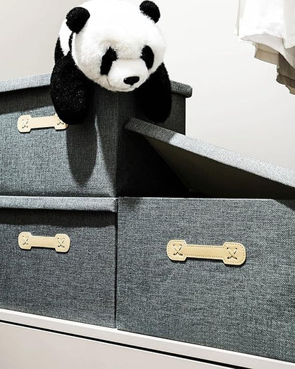 Enzk&Unity Decorative Storage Boxes with Lids, 3 Pack Grey Fabric Storage Bins with Handle, Foldbale and Stackable Storage Boxes for Shelf, Closet, Bedroom, Living Room