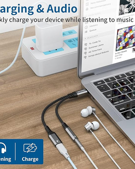 USB C to 3.5mm Headphone and Charger Adapter, 2-in-1 Type C to Aux Jack Cable with PD 60W Fast Charging for iPhone15 16 17 Pro Max, Samsung Galaxy S22 S23 S24 S25 Ultra, Note 20, iPad Air4, Pixel 8 9