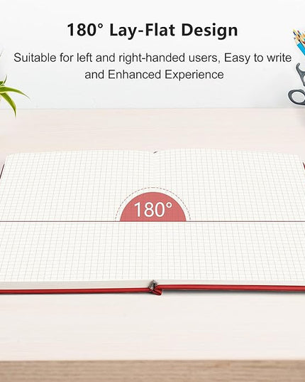 RETTACY Graph Grid Paper Notebook, 192 Pages, A5 Medium Size (5.7'' x 8.3''), 5 Squares per Inch, Leather Hardcover, 100 GSM Thick Paper, for School, Students, Math, Engineering (Red)