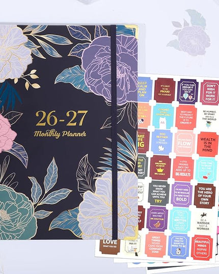 2026-2027 Monthly Planner, 24 Months Calendar Planner January 2026 - December 2027 Monthly Calendar with Elastic Band, Inner Pocket for Home School Office Supplies, Blue Flower