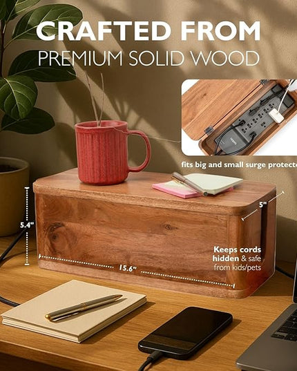 Large Cable Management Box - Acacia Wood - Cable Organizer Box and Power Strip Box for Electrical Cord Management - Hide Desk Cord and Floor Cables - Wire Storage and Organization for Cords