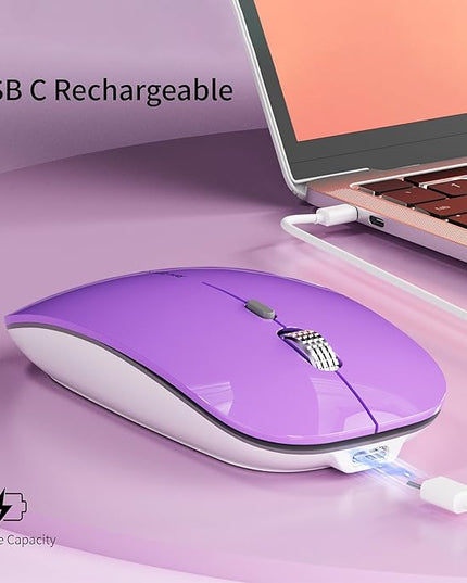 Uciefy Q5 Slim Rechargeable Wireless Mouse, 2.4G Portable Optical Silent Ultra Thin Wireless Computer Mouse with USB Receiver and Type C Adapter, Compatible with PC, Laptop, Desktop (Purple)