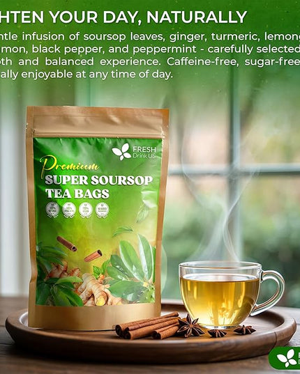 FreshDrinkUS, Super Soursop Herbal Tea – 60 Tea Bags | Soursop, Ginger, Turmeric, Lemongrass, Cinnamon, Black Pepper & Peppermint | Caffeine-Free, Natural Flavor, Plant-Based Blend | Sugar-Free