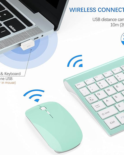 Wireless Keyboard and Mouse Ultra Slim Combo, TopMate 2.4G Silent Compact USB 2400DPI Mouse and Scissor Switch Keyboard Set with Cover, Batteries Included, for PC/Laptop/Windows/Mac - Mint Green