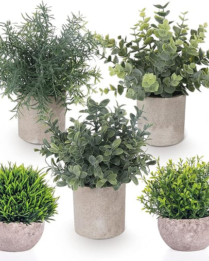 Fake Plants,5 Pack Small Fake Plants Mini Potted Artificial Eucalyptus Greenery Plastic Green Grass Plants for Indoor Outdoor,Mini Faux Plant for Shelve Desk Table Farmhouse Bathroom Shelf Decor