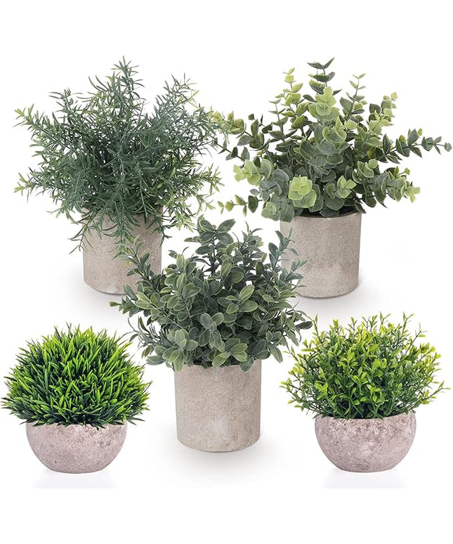 Fake Plants,5 Pack Small Fake Plants Mini Potted Artificial Eucalyptus Greenery Plastic Green Grass Plants for Indoor Outdoor,Mini Faux Plant for Shelve Desk Table Farmhouse Bathroom Shelf Decor