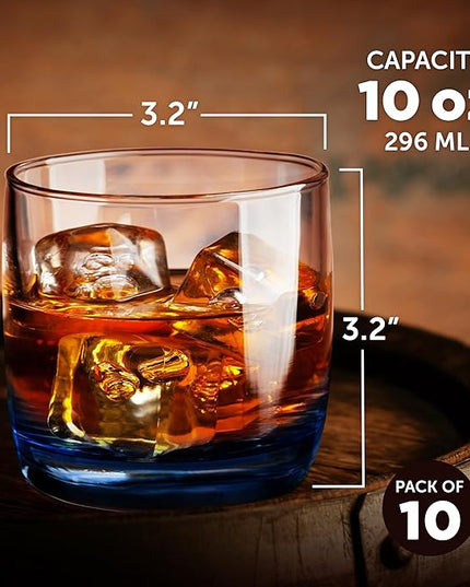 DISCOUNT PROMOS Whiskey Glasses 10 oz Set of 10, Bulk Pack - Heavy Base Old Fashioned Glass, Perfect for Scotch, Bourbon, Whiskey, Cocktail - Blue Bottom Color