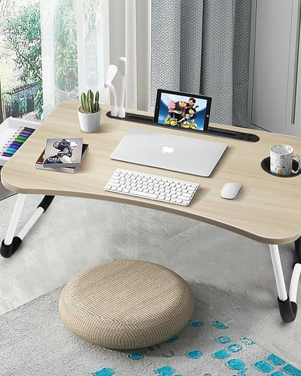 Slendor Lap Desk with Tablet Slot, Foldable Laptop Table with Storage Drawer，Portable Bed Desk for Laptop, Computer Tray with Cup Holder Notebook Stand Reading Holder for Couch Floor, White Maple