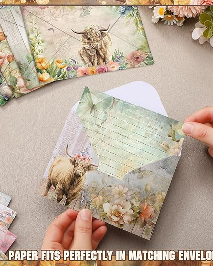 TaoBary 160 Pcs Stationery Paper Set 50 Double Sided Stationery Papers with 50 Matching Envelopes and 60 Round Dot Sticker, 10 Design(Floral Highland Cow,5.5 x 8.25 Inch)