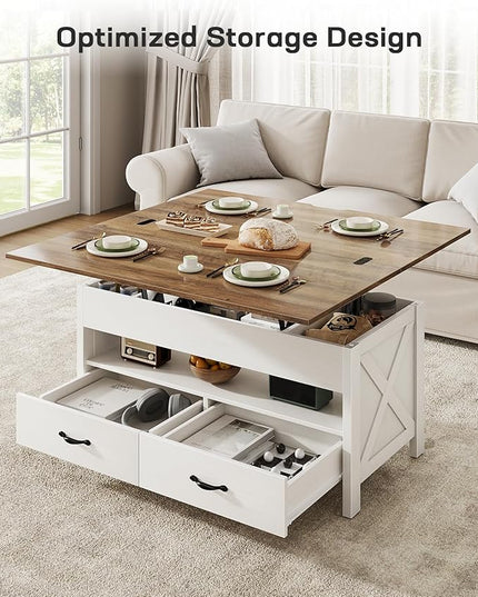 Marsail 40" Lift Top Coffee Table, 4 in 1 Coffee Table with Hidden Compartment, 1 Open Shelf and 2 Drawers, Multifunctional Farmhouse Center Table for Living Room and Home Office, Brown and White